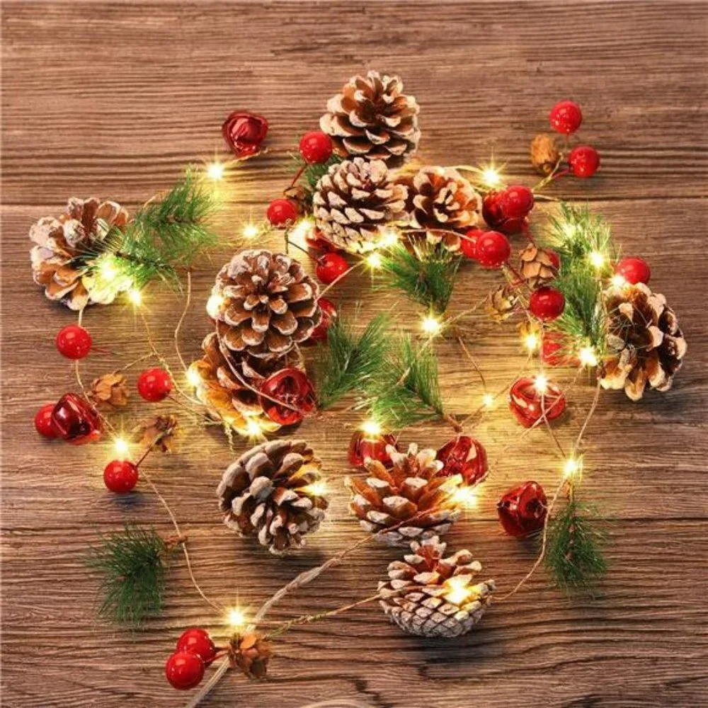Christmas Decoration Pine Cone Red Berry Garland Lights Battery Powered